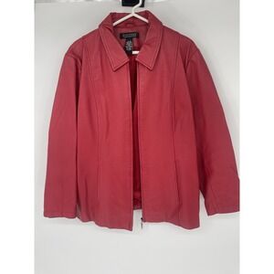 Dialogue Womens Red Leather Collared Long Sleeve Full-Zip Jacket 1X